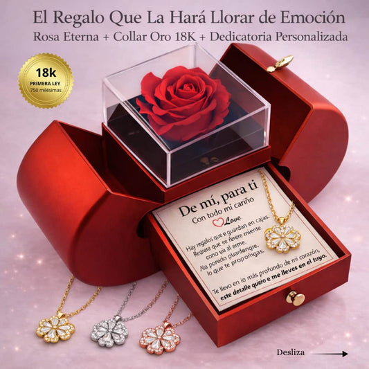 Rosa Eterna con Collar Trébol de Corazones