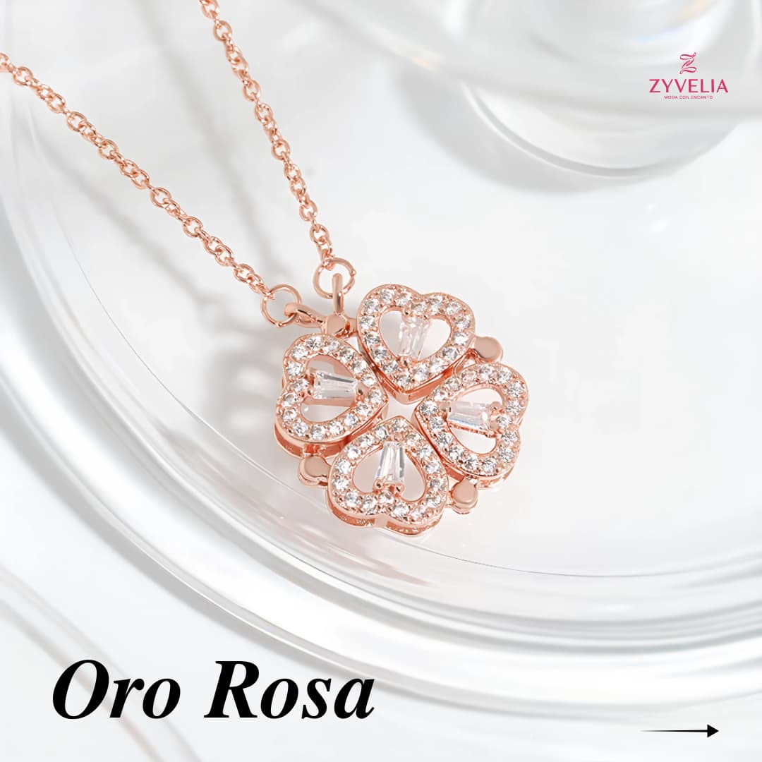 Rosa Eterna con Collar Trébol de Corazones
